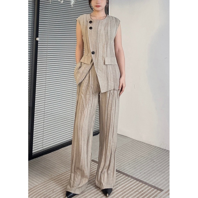 French Khaki Button Pockets Cotton Two Pieces Set Sleeveless