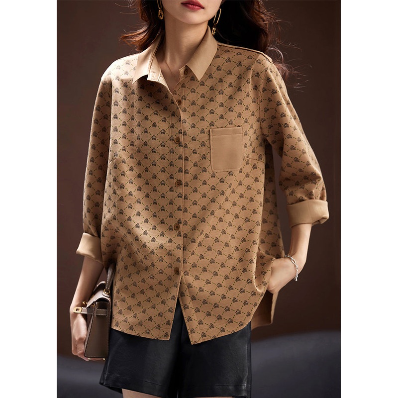 French Khaki Print Button Cotton Shirts Long Sleeve