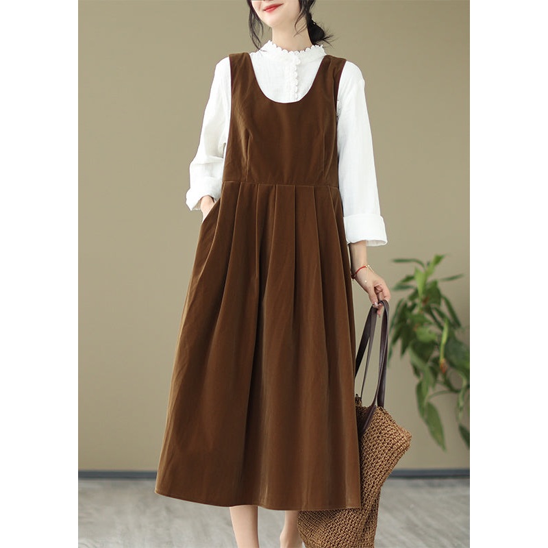 French Light Brown U Neck Bow Velour Strap Dress Spring
