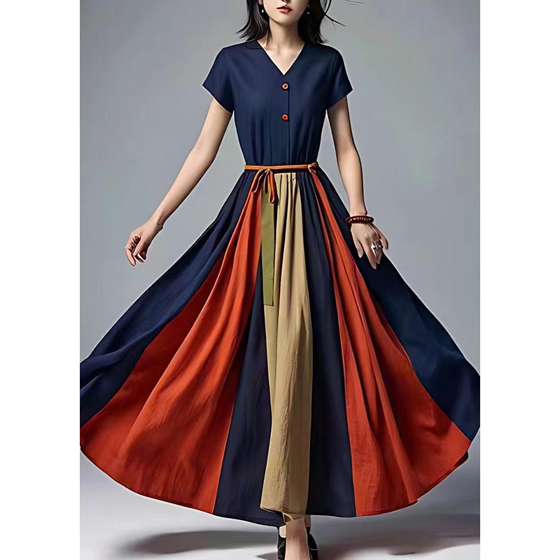 French Navy Cinched Exra Large Hem Cotton Ankle Dress Summer