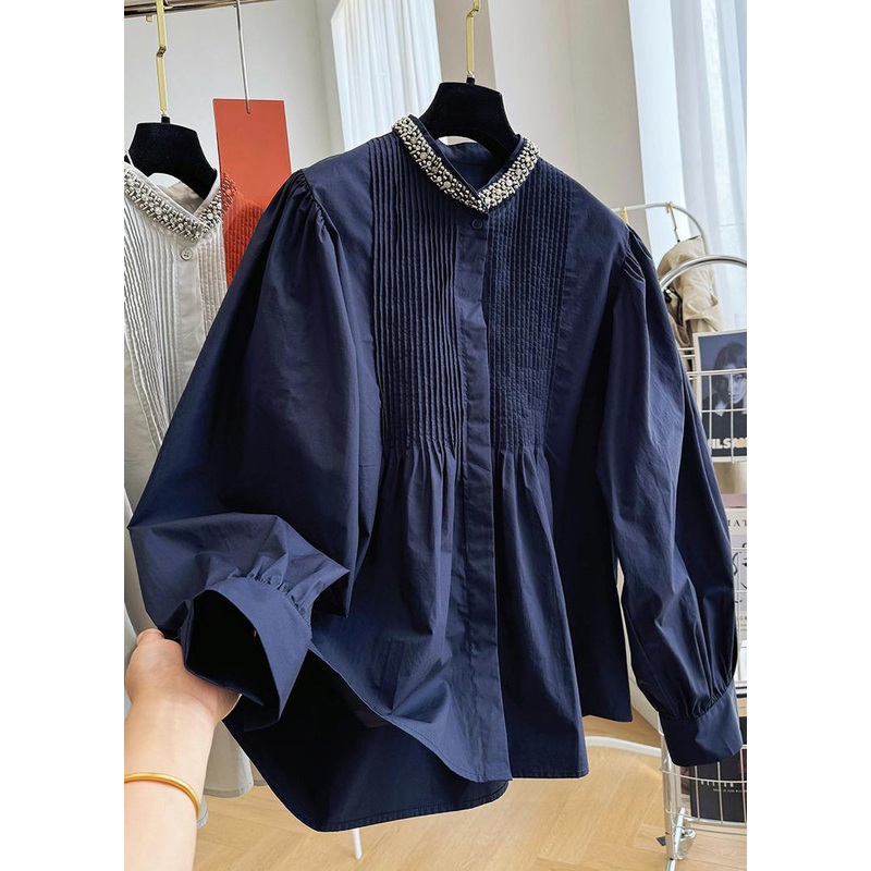 French Navy Stand Collar Nail Bead Cotton Shirts Top Fall