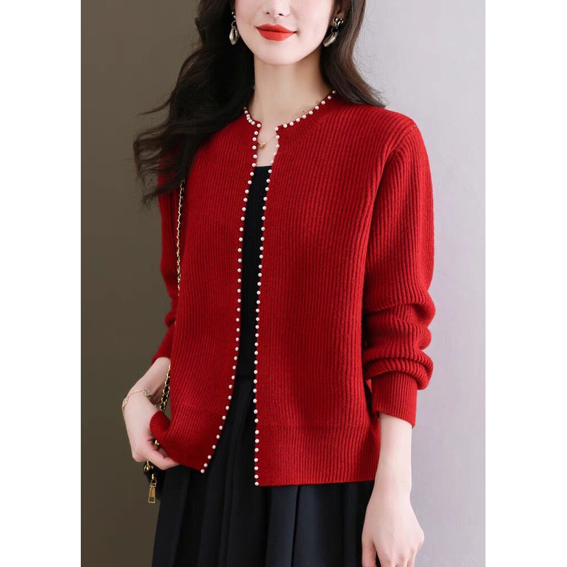French Red O Neck Nail Bead Knit Cardigans Fall