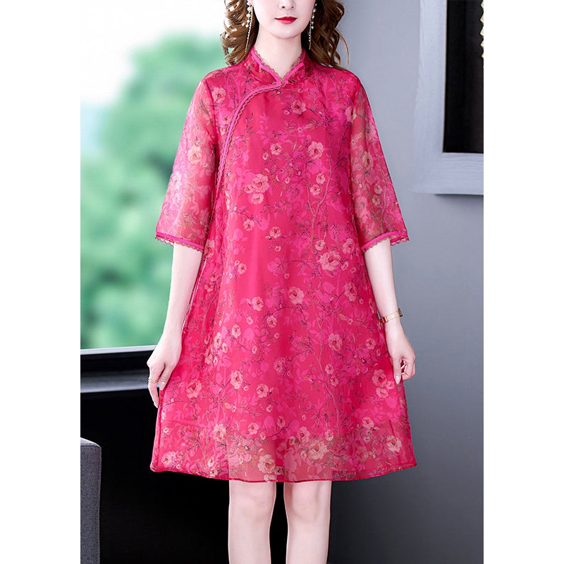 French Rose Stand Collar Print Silk Dress Half Sleeve