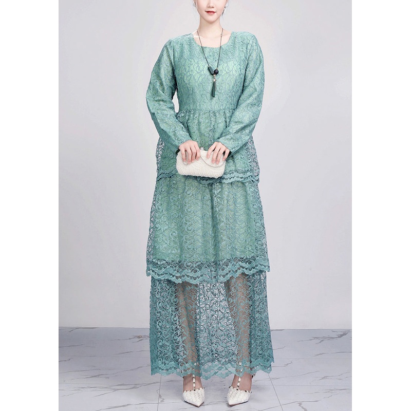 Green Hollow Out Solid Lace Dresses O Neck Fall