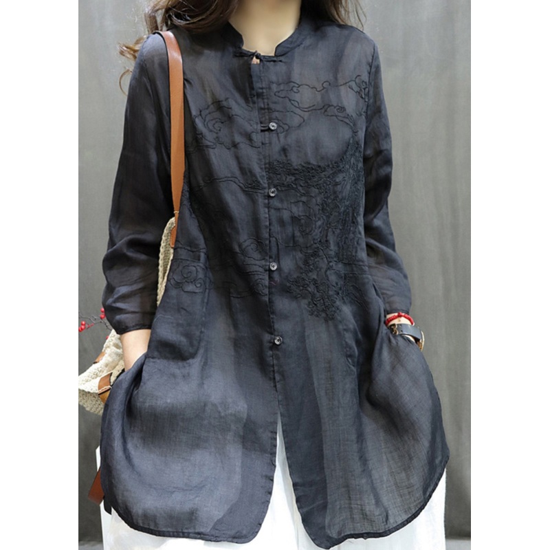 Handmade Black O-Neck Embroidered Button Shirt Long Sleeve