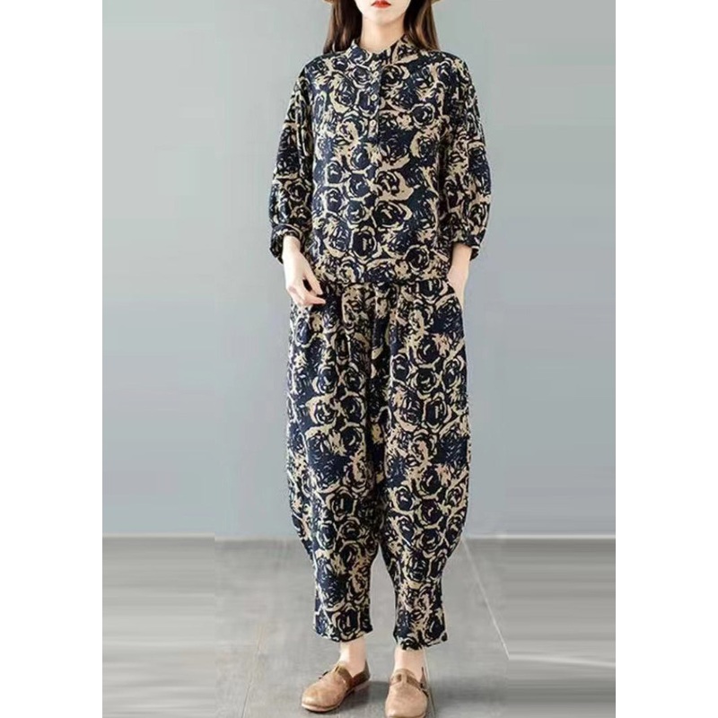 Handmade Blue Print Top And Harem Pants Two Pieces Set Spring