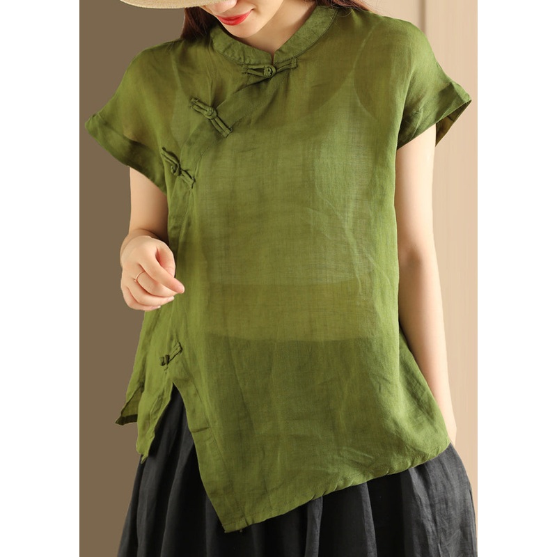 Handmade Green Stand Collar Button Linen Top Summer