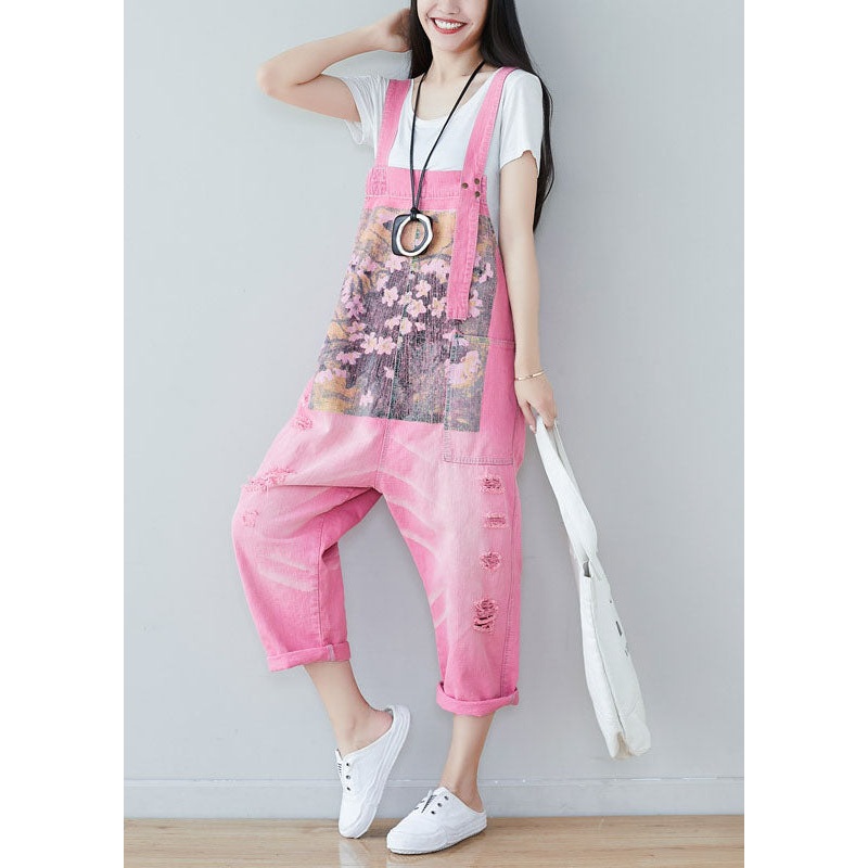Handmade Pink Print Denim Straight Jumpsuits Spring