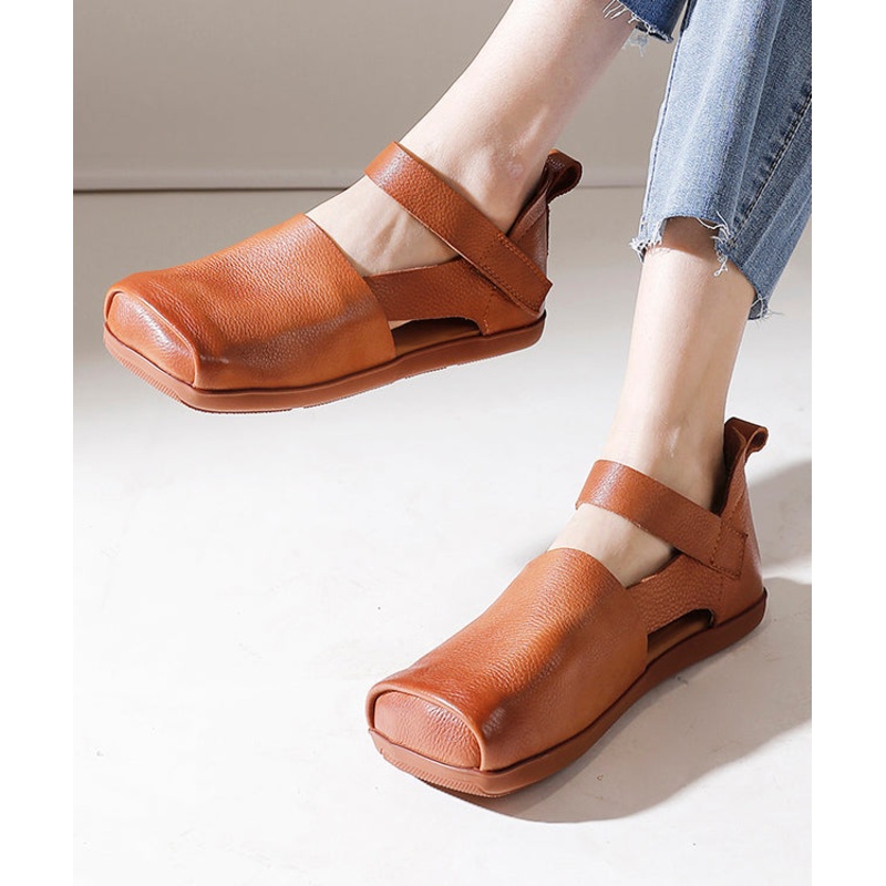 Handmade Retro Splicing Flat Feet Shoes Brown Cowhide Leather