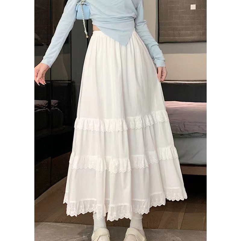 Handmade White Lace Patchwork Elastic Waist Cotton Skirts Summer