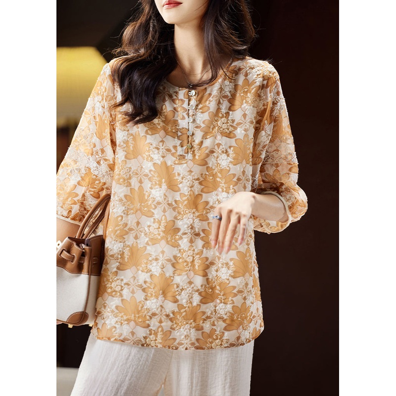 Handmade Yellow Print Button Chiffon Top Summer