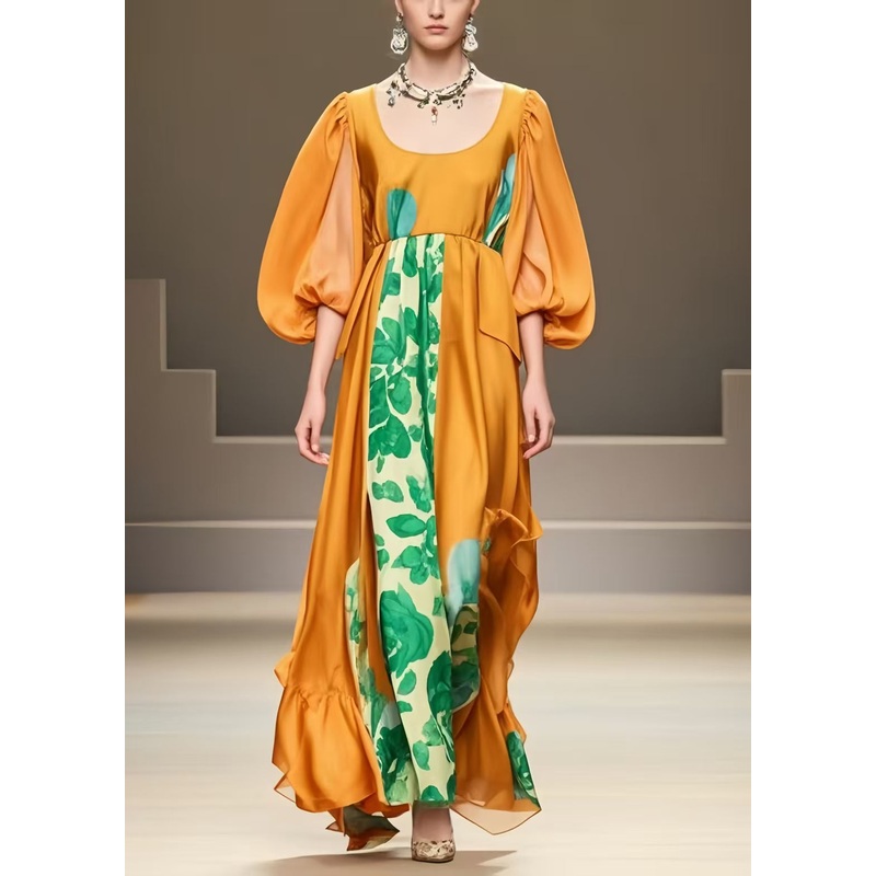 Italian Caramel U Neck Patchwork Silk Dresses Lantern Sleeve