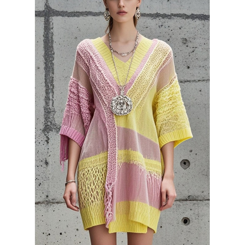 Italian Colorblock V Neck Patchwork Knit Dress Fall