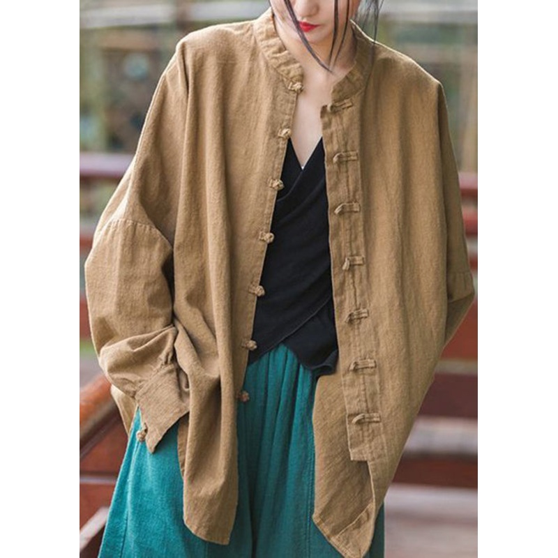 Khaki Button Patchwork Cotton Coats Stand Collar Spring