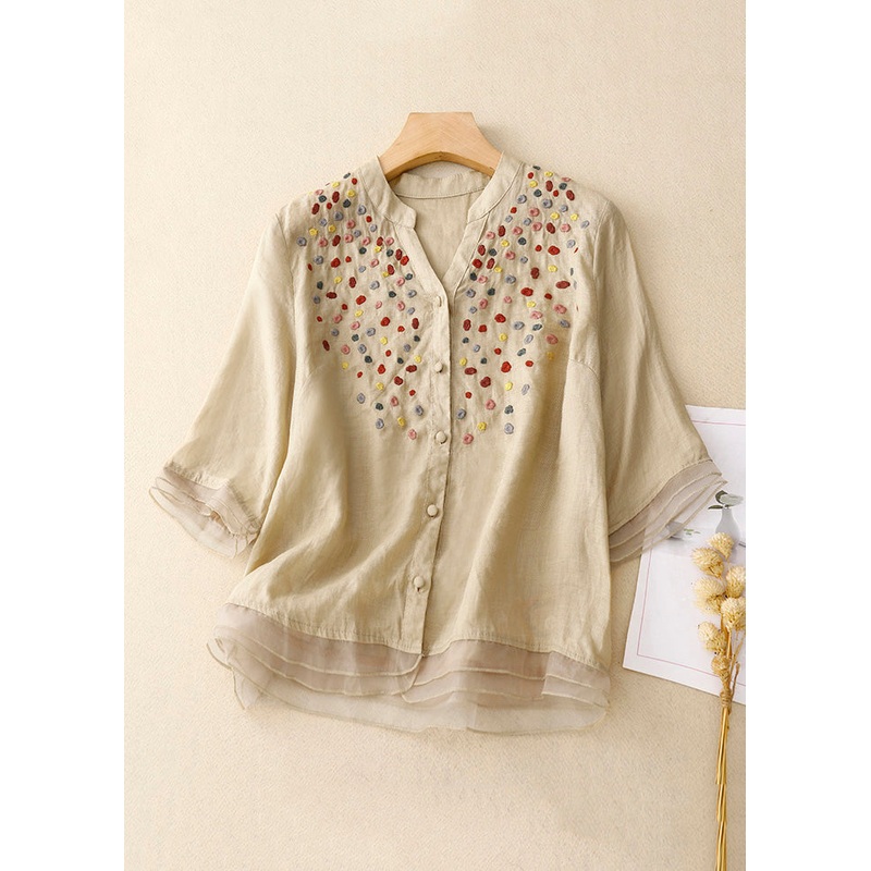 Khaki Tulle Patchwork Cotton Shirts V Neck Half Sleeve