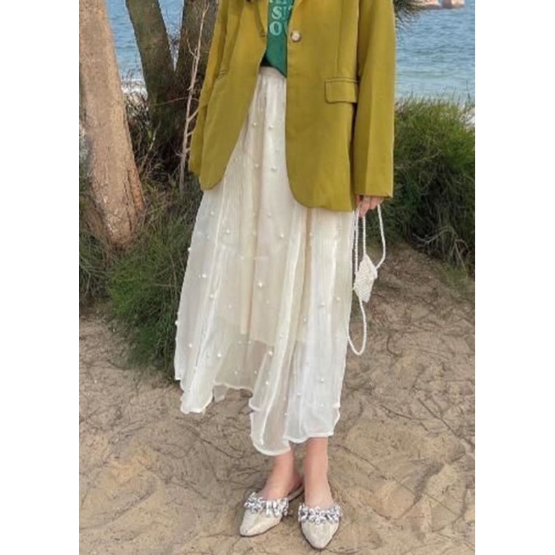 Loose Apricot Pearl Elastic Waist Tulle Skirt Summer