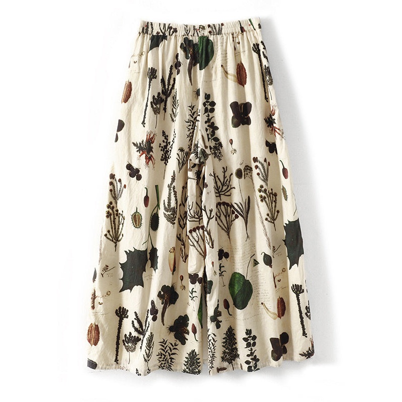 Loose Apricot Print Elastic Waist Cotton Wide Leg Pants Summer