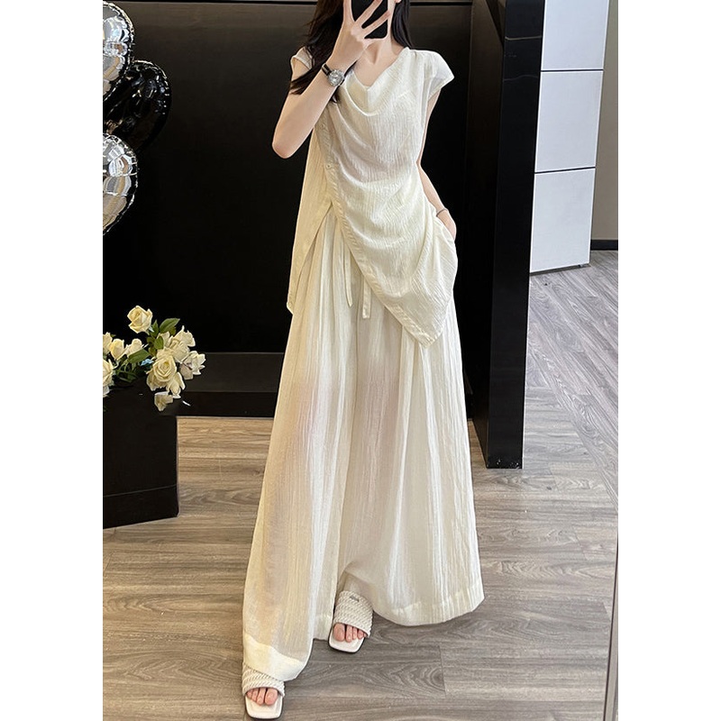 Loose Apricot V Neck Button Top And Wide Leg Pants Two Pieces Set Short Sleeve