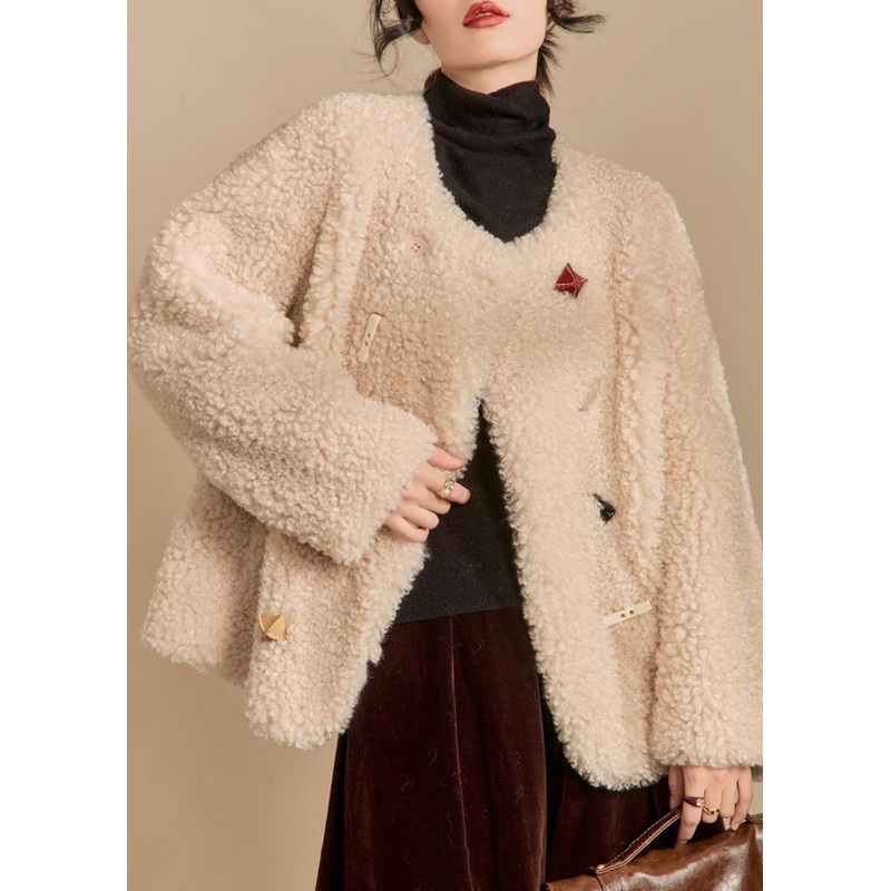 Loose Beige O Neck Button Teddy Faux Fur Coats Winter