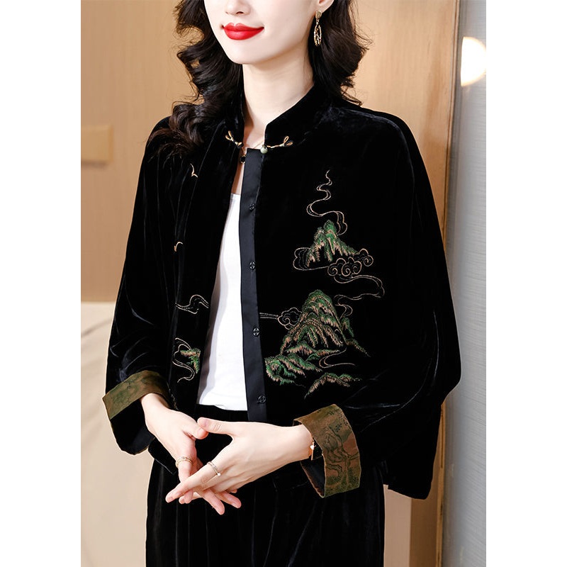Loose Black Embroidered Button Silk Velour Coat Fall