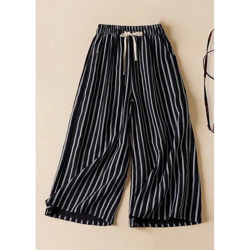 Loose Black Striped Pockets Elastic Waist Cotton Crop Pants Summer