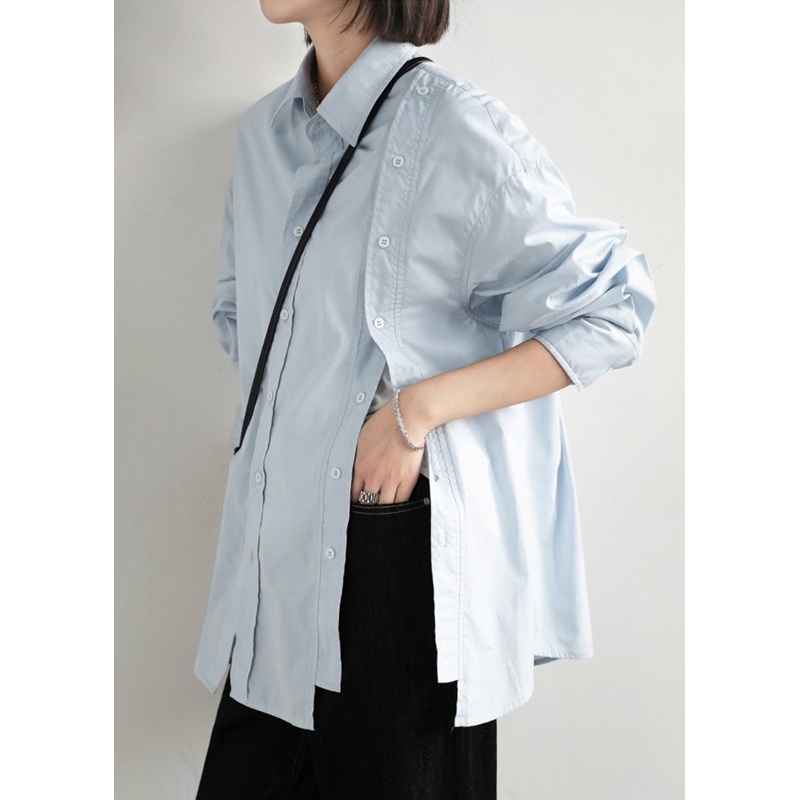 Loose Blue Asymmetrical Button Patchwork Cotton Shirt Top Fall