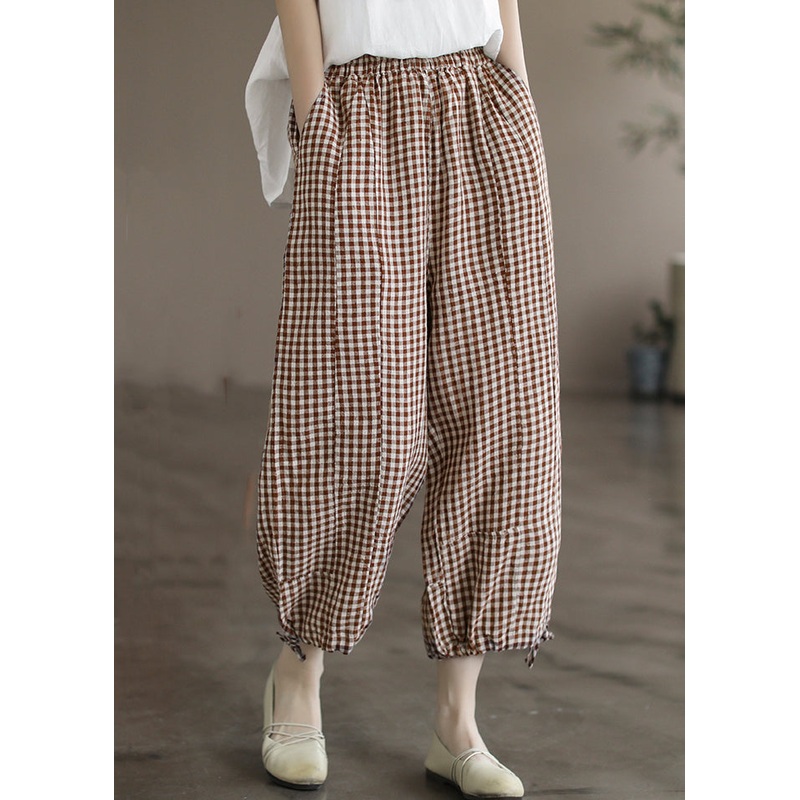 Loose Coffee Plaid Pockets Elastic Waist Linen Crop Pants Summer