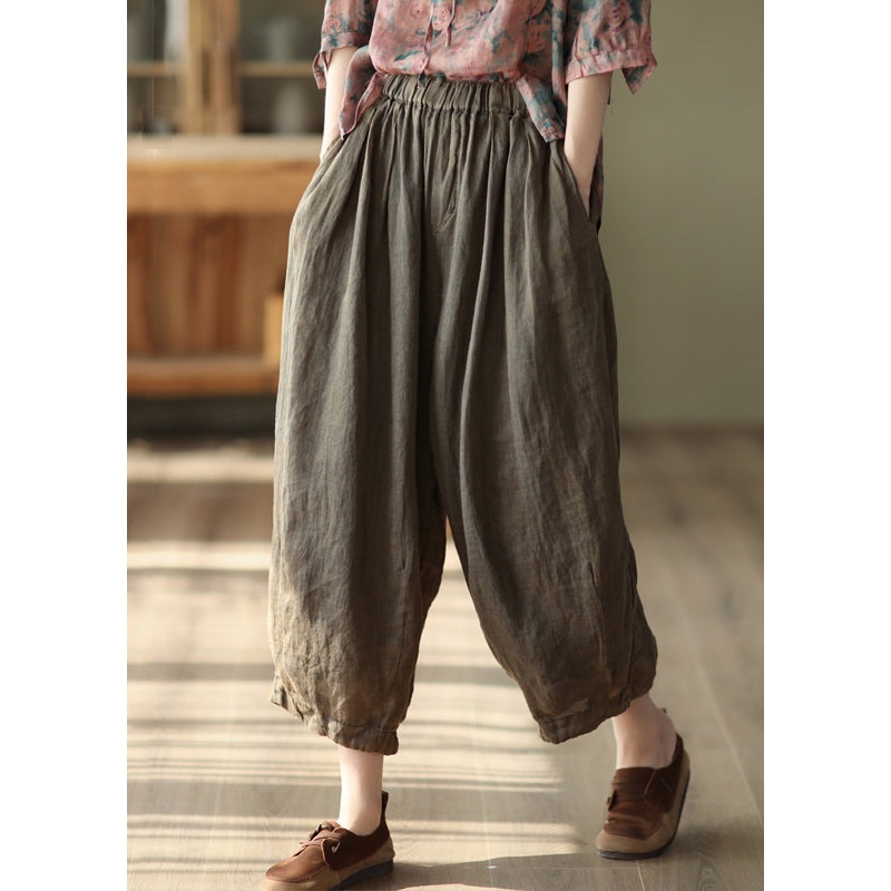 Loose Coffee Wrinkled Elastic Waist Linen Crop Pants Summer