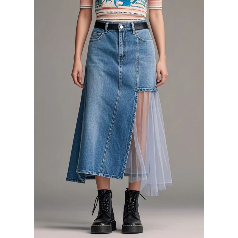 Loose Denim Blue Asymmetrical Patchwork Tulle Holiday Skirt Spring