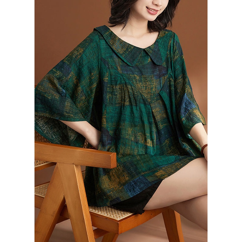 Loose Green Peter Pan Collar Print Shirt Short Sleeve