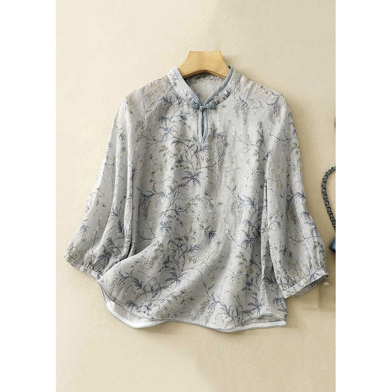 Loose Grey Stand Collar Button Print Cotton Shirt Bracelet Sleeve