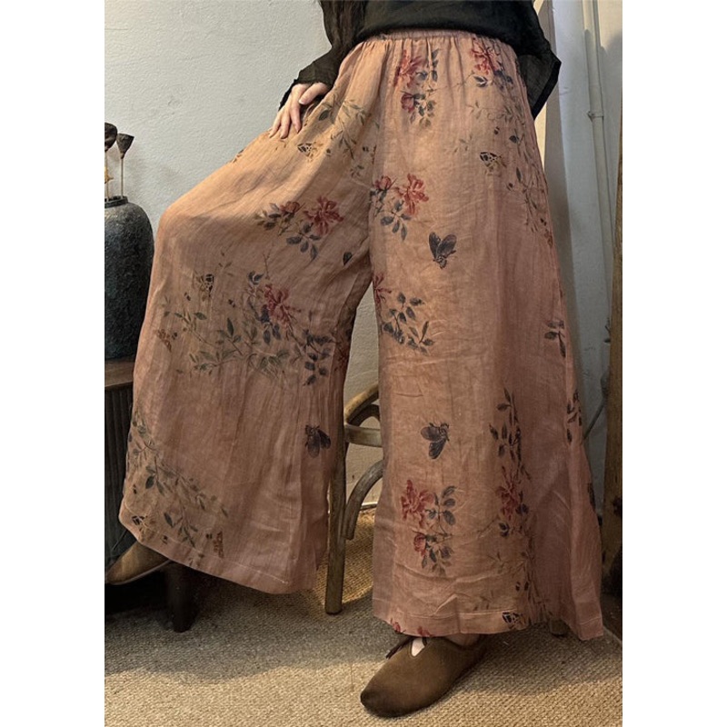 Loose Pink Print High Waist Cotton Wide Leg Pants Spring