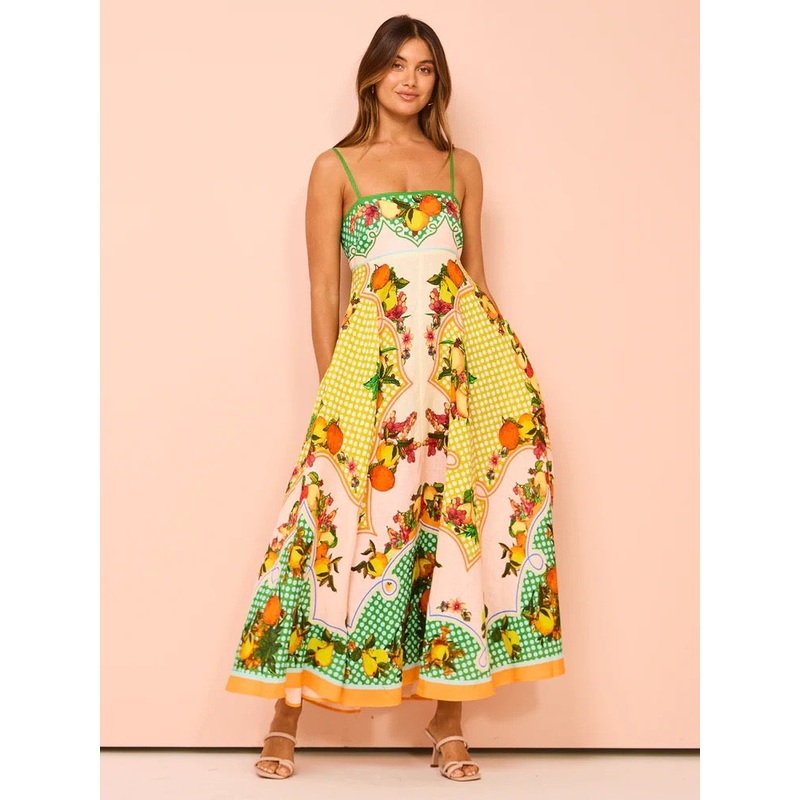 Loose Printed Backless Suspender Sexy Maxi Dress