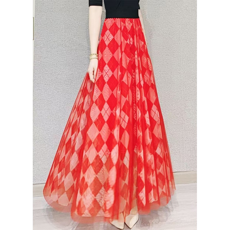 Loose Red Plaid Elastic Waist Tulle Skirt Summer