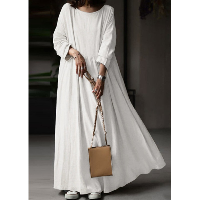 Loose White O Neck Solid Cotton Maxi Dress Long Sleeve