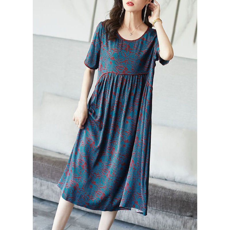 Modern Blue O Neck Wrinkled Patchwork Print Silk Dresses Summer