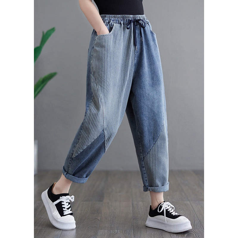 Modern Blue Striped Pockets Elastic Waist Denim Crop Pants Spring