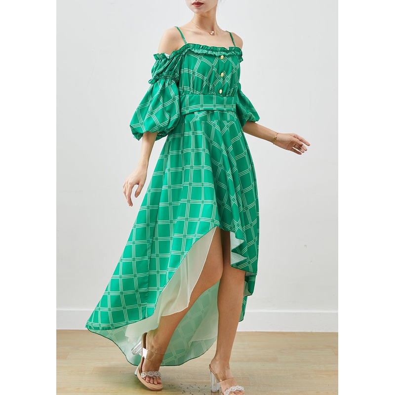Modern Green Ruffled Cold Shoulder Cotton Beach Dresses Summer