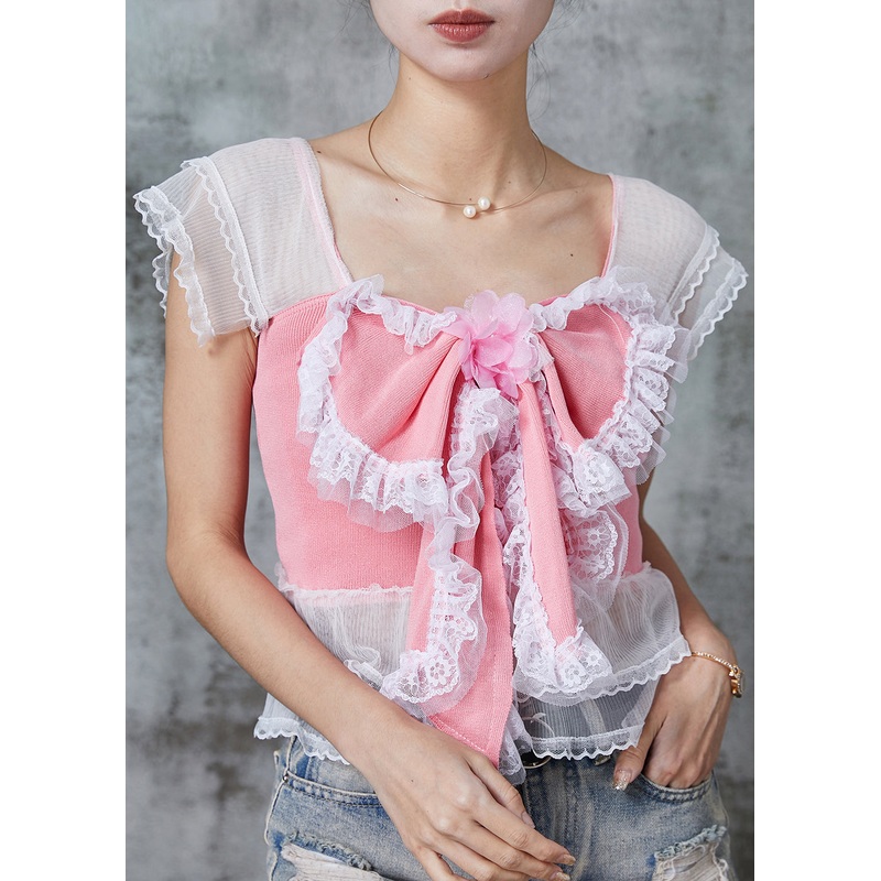 Modern Pink Bow Patchwork Lace Cotton Beach Vest Summer
