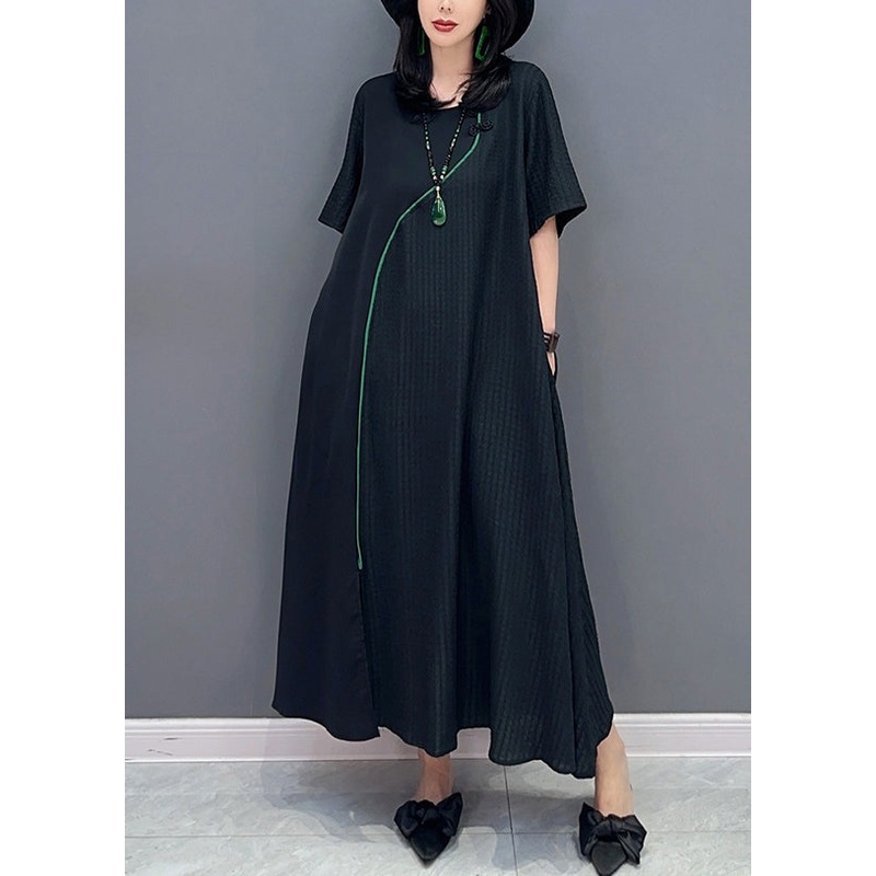 Natural Black O-Neck Patchwork Long Dresses Short Sleeve