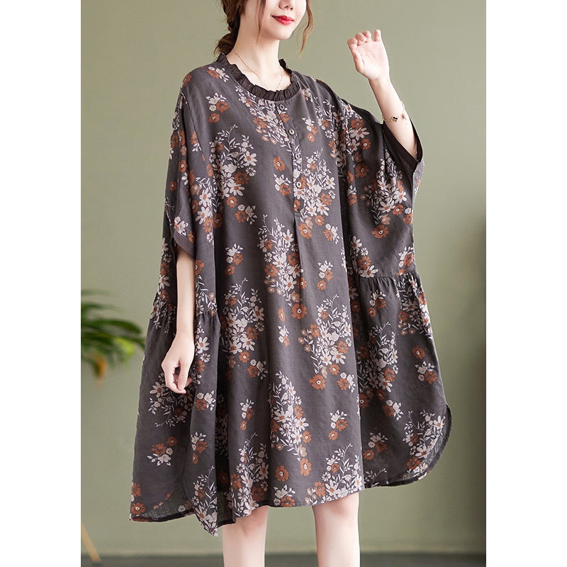 Natural Chocolate O-Nec Ruffled Patchwork Print Mid Dress Half Sleeve