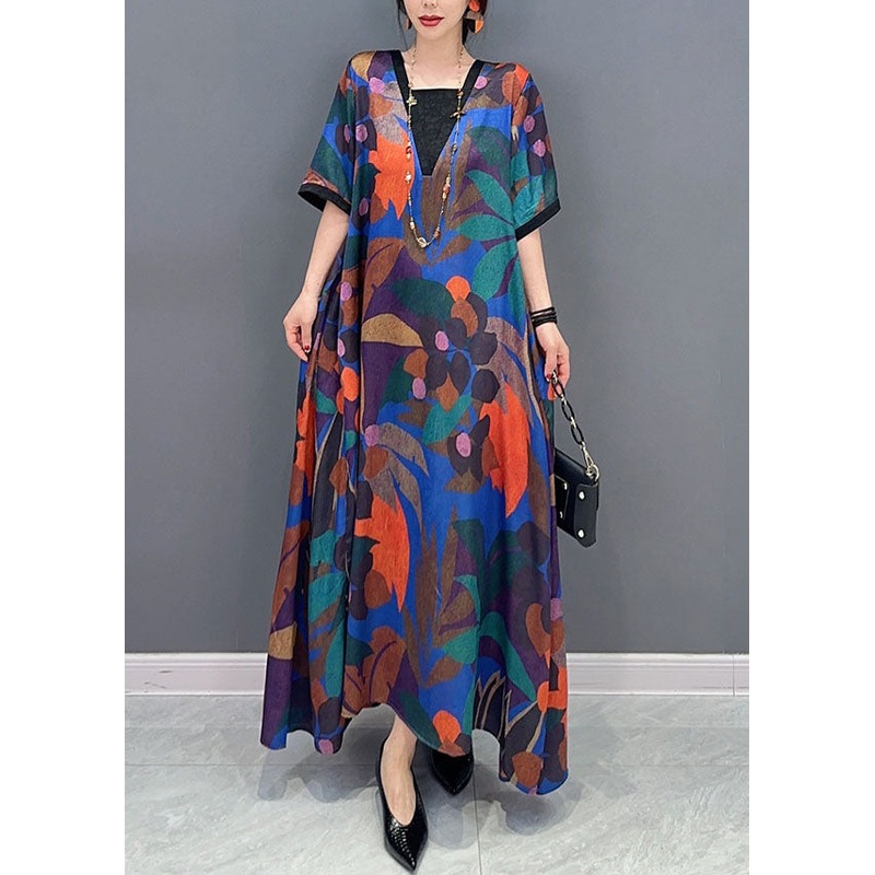 Natural Colorblock V Neck Print Patchwork Cotton Dress Short Sleeve