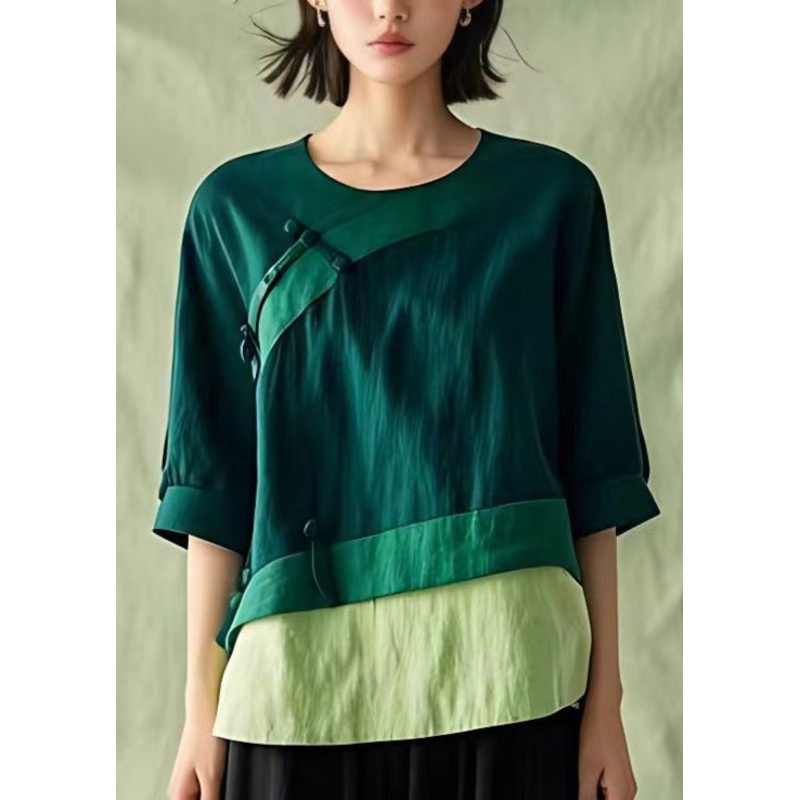 New Green O Neck Button Linen Blouses Half Sleeve