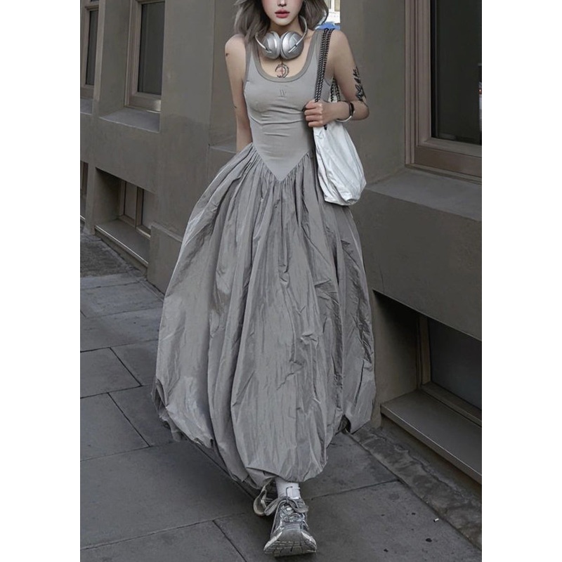 New Grey Backless Patchwork Cotton Long Dresses Sleeveless
