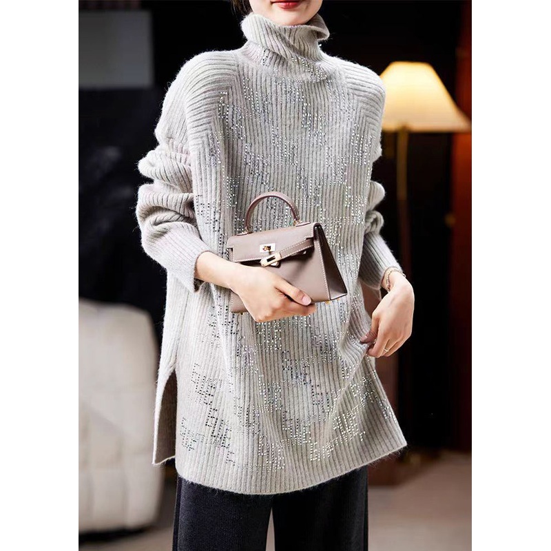 New Grey Turtleneck Zircon Side Open Knit Sweaters Long Sleeve