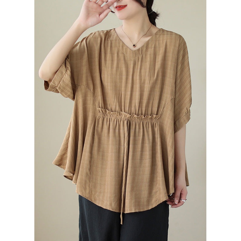 New Khaki Plaid V Neck Cotton T Shirts Batwing Sleeve