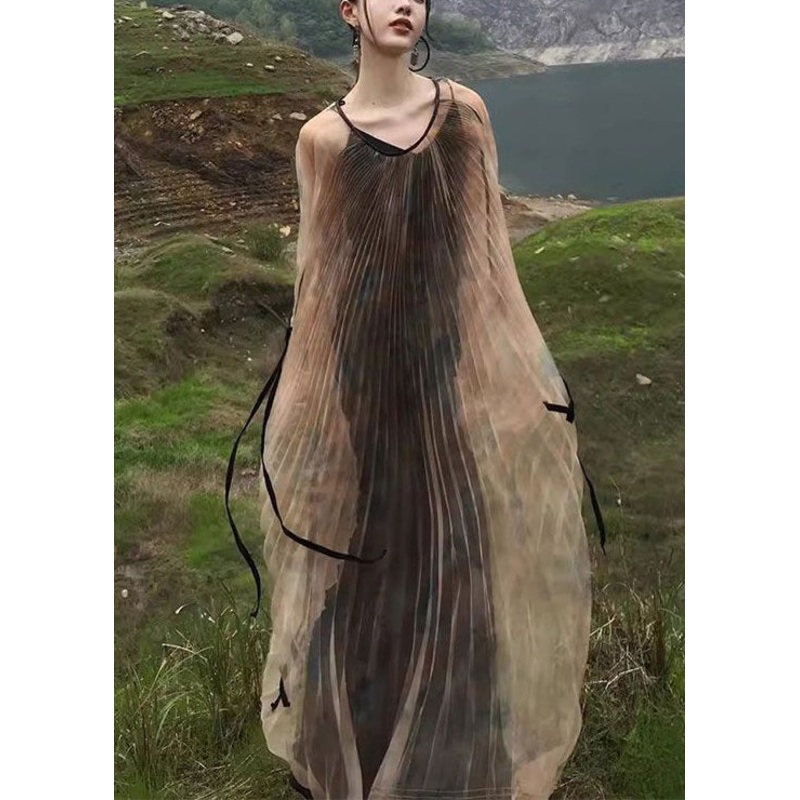 New Khaki Wrinkled Lace Up Tulle Two Pieces Set Long Sleeve