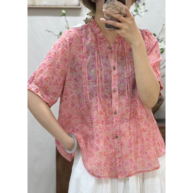 New Pink Ruffled Button Print Linen Shirt Summer
