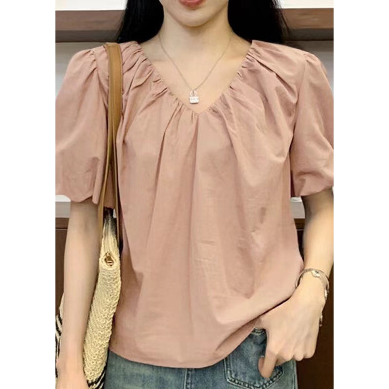 New Pink V Neck Solid Cotton Shirts Short Sleeve
