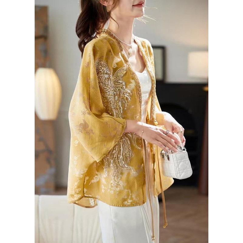 New Yellow V Neck Button Nail Bead Silk Shirt Batwing Sleeve